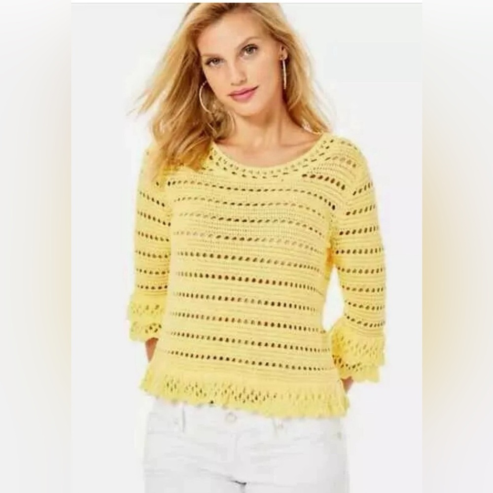 Lilly Pulitzer Irina Sweater Ruffles Bell Sleeves Yellow Nautical Preppy Large